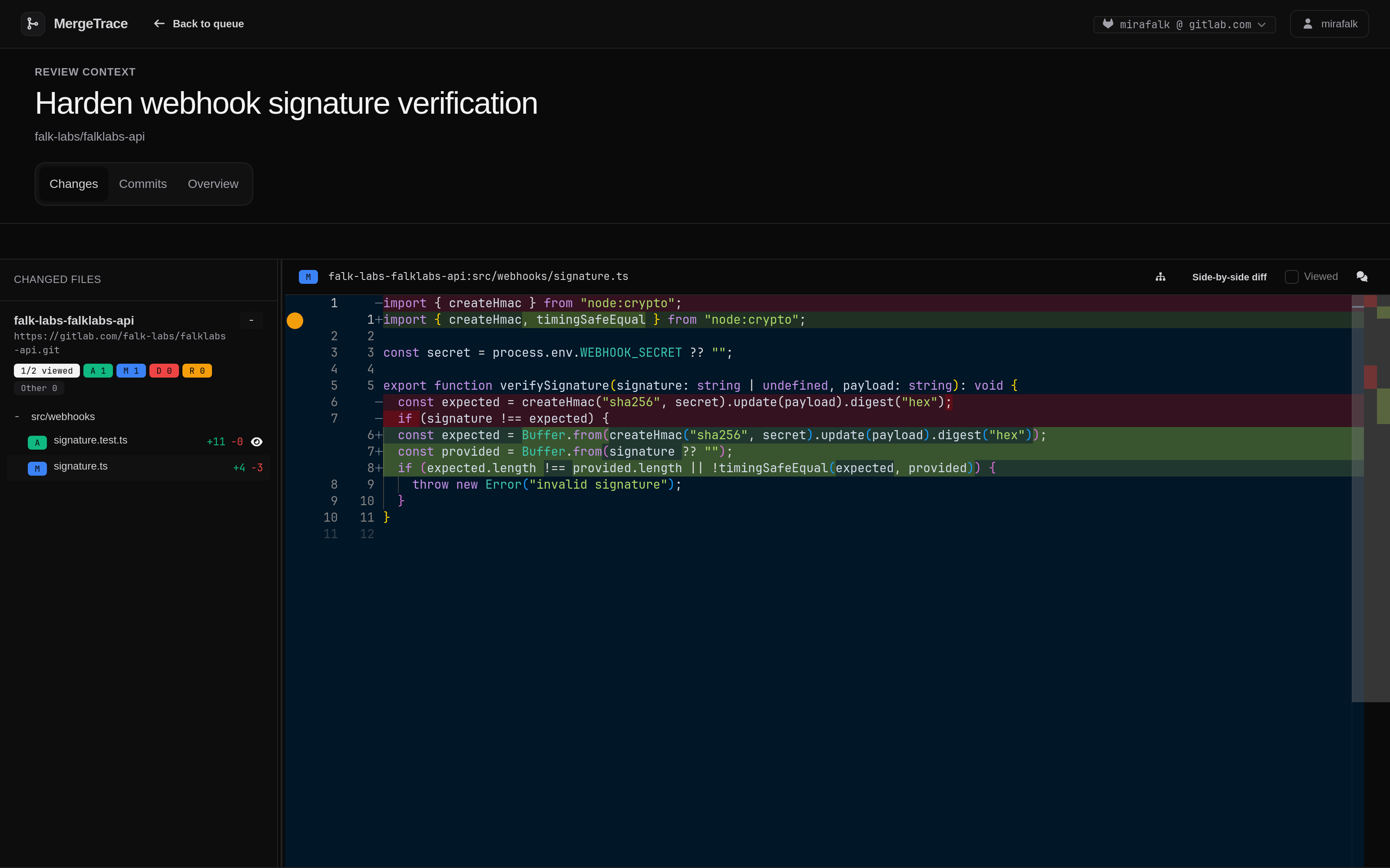 The MergeTrace review workspace showing a Review's Changed Files tree beside the diff in the Changes tab, with local code intelligence.
